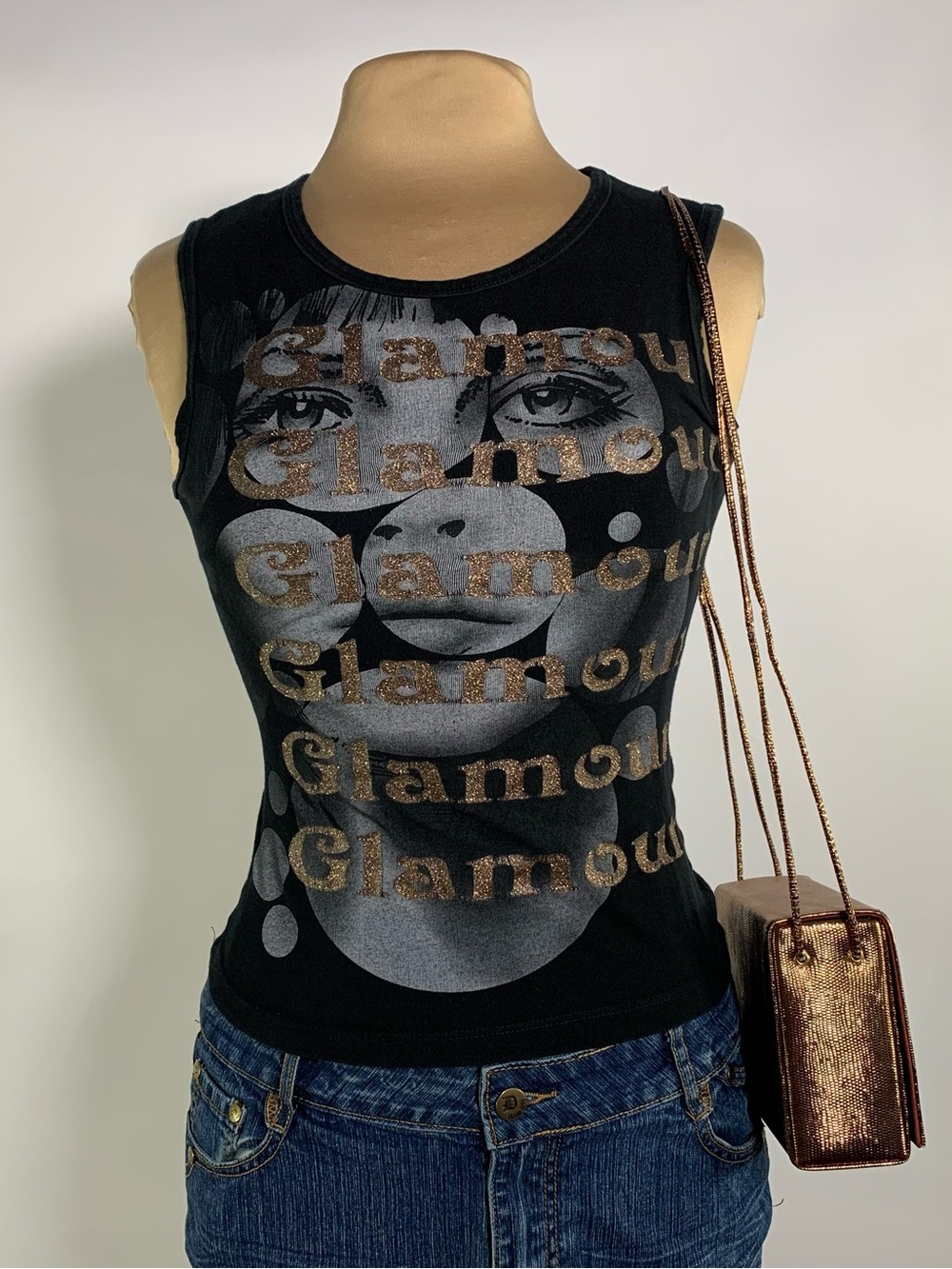 Y2K Clovis Black Glamour Graphic Tank Top S/M